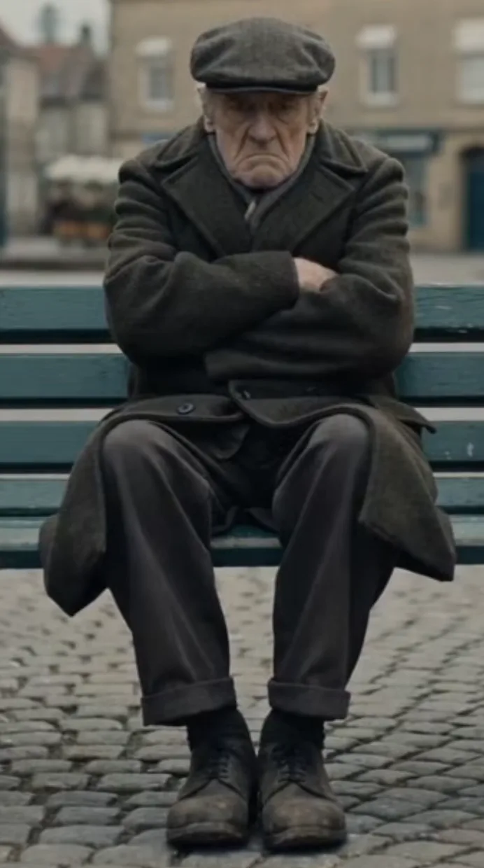 Ernst sitzt mit verschränkten Armen und grimmigem Blick allein auf einer Bank.